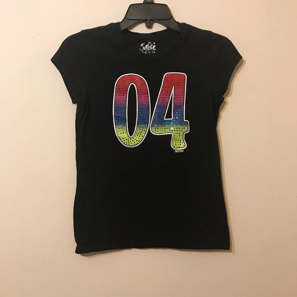 Justice Girl’s Black Graphic “04” Rhinestones T-Shirt Size 14 EUC